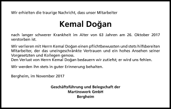 Anzeige von Kemal Dogan von Kölner Stadt-Anzeiger / Kölnische Rundschau / Express