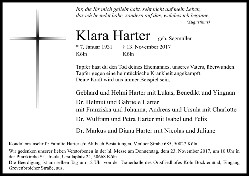  Traueranzeige für Klara Harter vom 18.11.2017 aus Kölner Stadt-Anzeiger / Kölnische Rundschau / Express