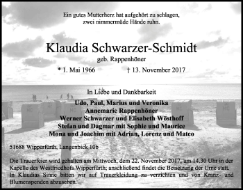 Anzeige von Klaudia Schwarzer-Schmidt von Kölner Stadt-Anzeiger / Kölnische Rundschau / Express
