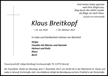 Anzeige von Klaus Breitkopf von Kölner Stadt-Anzeiger / Kölnische Rundschau / Express