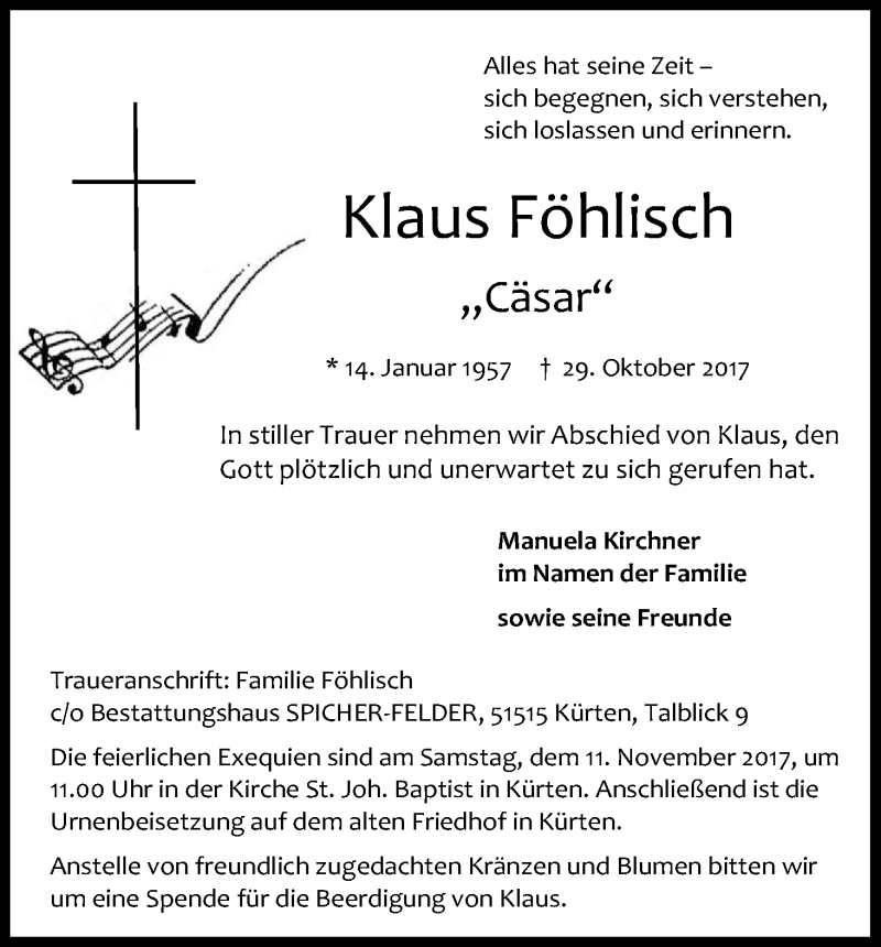  Traueranzeige für Klaus Föhlisch vom 04.11.2017 aus Kölner Stadt-Anzeiger / Kölnische Rundschau / Express