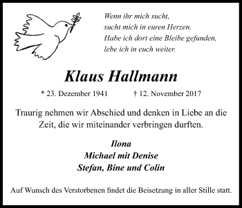 Anzeige von Klaus Hallmann von Kölner Stadt-Anzeiger / Kölnische Rundschau / Express