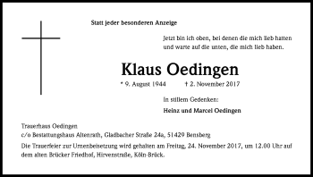 Anzeige von Klaus Oedingen von Kölner Stadt-Anzeiger / Kölnische Rundschau / Express