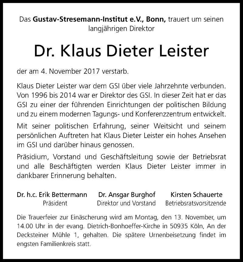  Traueranzeige für Klaus Dieter Leister vom 11.11.2017 aus Kölner Stadt-Anzeiger / Kölnische Rundschau / Express