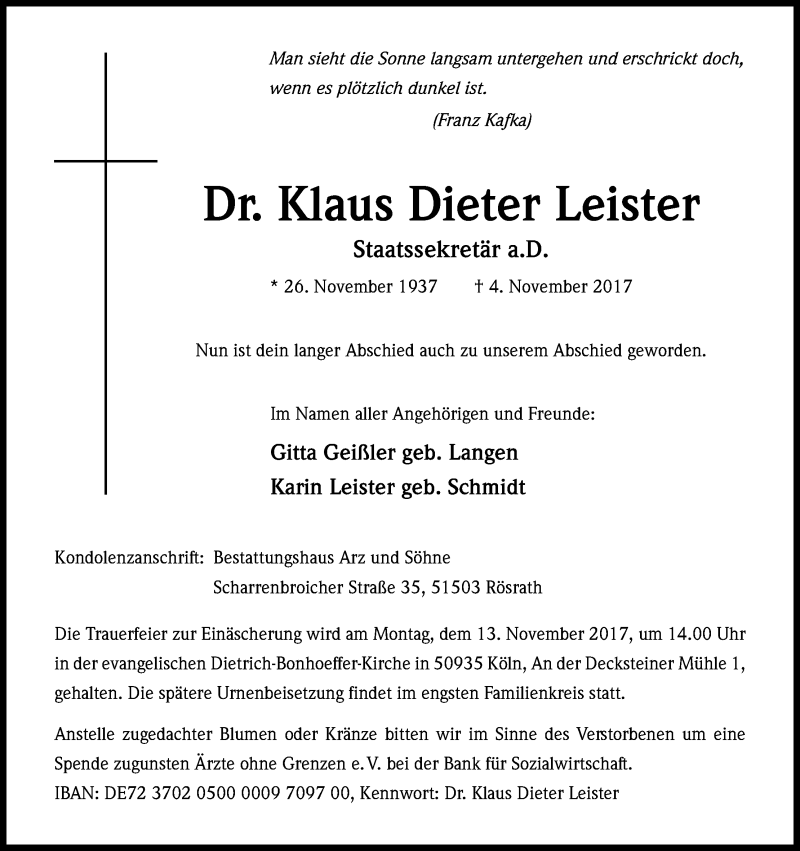  Traueranzeige für Klaus Dieter Leister vom 08.11.2017 aus Kölner Stadt-Anzeiger / Kölnische Rundschau / Express
