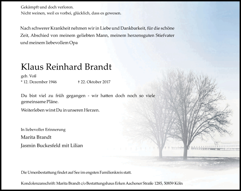  Traueranzeige für Klaus Reinhard Brandt vom 04.11.2017 aus Kölner Stadt-Anzeiger / Kölnische Rundschau / Express