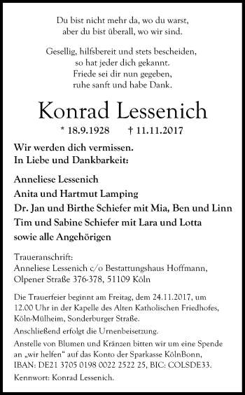 Anzeige von Konrad Lessenich von Kölner Stadt-Anzeiger / Kölnische Rundschau / Express