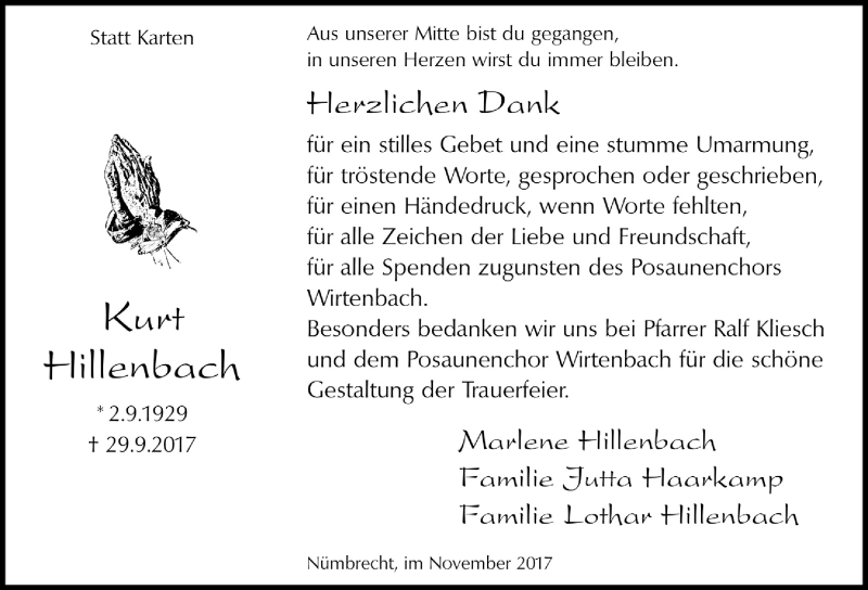  Traueranzeige für Kurt Hillenbach vom 15.11.2017 aus  Lokalanzeiger 