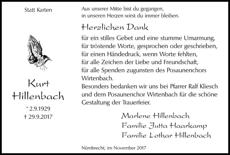  Traueranzeige für Kurt Hillenbach vom 11.11.2017 aus Kölner Stadt-Anzeiger / Kölnische Rundschau / Express