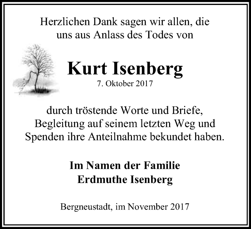  Traueranzeige für Kurt Isenberg vom 08.11.2017 aus Kölner Stadt-Anzeiger / Kölnische Rundschau / Express