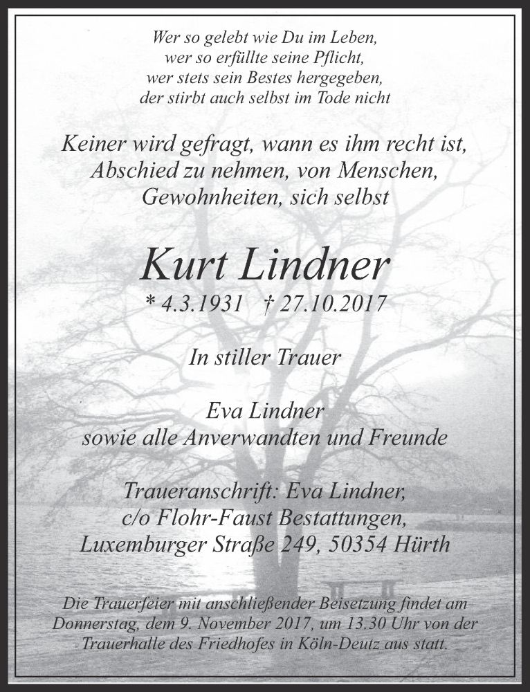  Traueranzeige für Kurt Lindner vom 08.11.2017 aus  Wochenende 