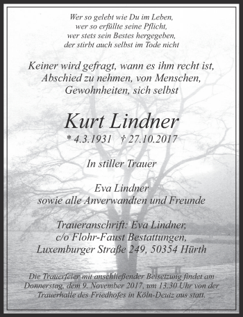 Anzeige von Kurt Lindner von  Wochenende 