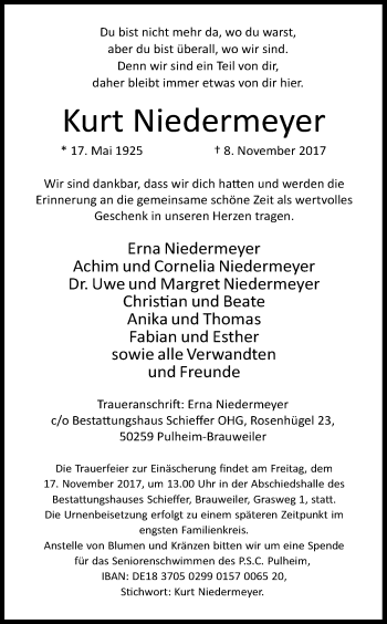 Anzeige von Kurt Niedermeyer von Kölner Stadt-Anzeiger / Kölnische Rundschau / Express