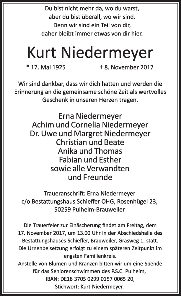  Traueranzeige für Kurt Niedermeyer vom 11.11.2017 aus  Sonntags-Post 