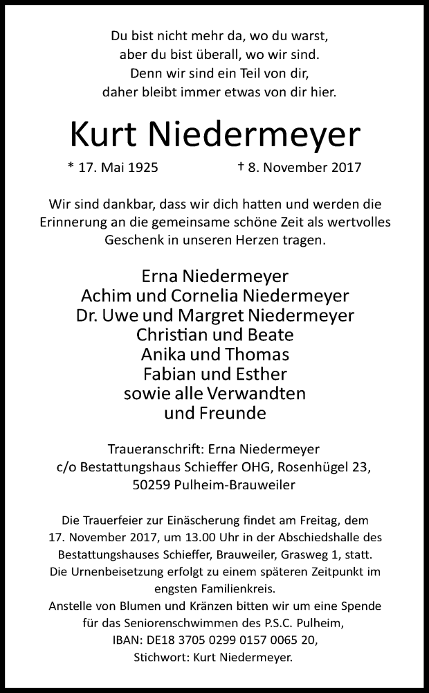  Traueranzeige für Kurt Niedermeyer vom 11.11.2017 aus Kölner Stadt-Anzeiger / Kölnische Rundschau / Express