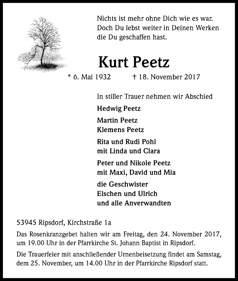  Traueranzeige für Kurt Peetz vom 22.11.2017 aus Kölner Stadt-Anzeiger / Kölnische Rundschau / Express