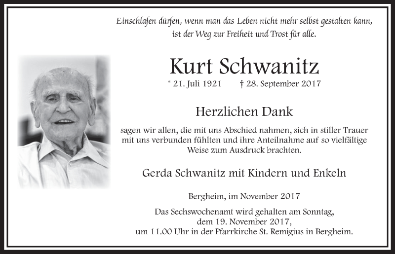  Traueranzeige für Kurt Schwanitz vom 11.11.2017 aus  Sonntags-Post 