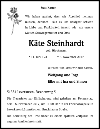 Anzeige von Käte Steinhardt von Kölner Stadt-Anzeiger / Kölnische Rundschau / Express