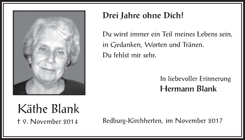  Traueranzeige für Käthe Blank vom 08.11.2017 aus  Werbepost 