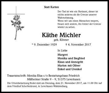 Anzeige von Käthe Michler von Kölner Stadt-Anzeiger / Kölnische Rundschau / Express