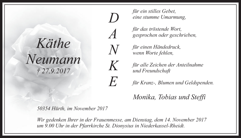  Traueranzeige für Käthe Neumann vom 08.11.2017 aus  Extra Blatt 