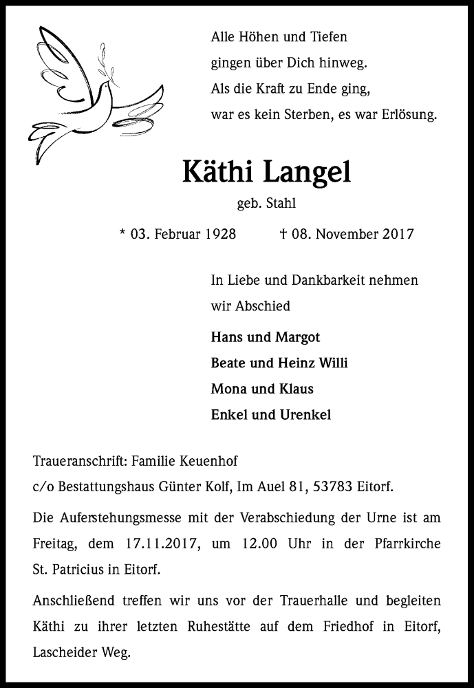  Traueranzeige für Käthi Langel vom 11.11.2017 aus Kölner Stadt-Anzeiger / Kölnische Rundschau / Express