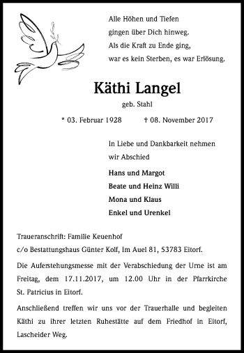 Anzeige von Käthi Langel von Kölner Stadt-Anzeiger / Kölnische Rundschau / Express