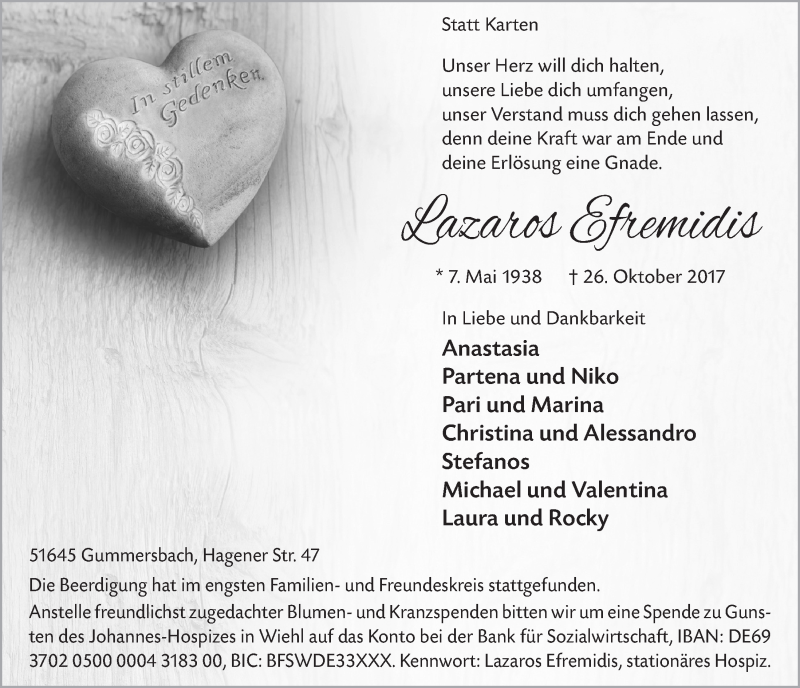  Traueranzeige für Lazaros Efremidis vom 08.11.2017 aus  Anzeigen Echo 