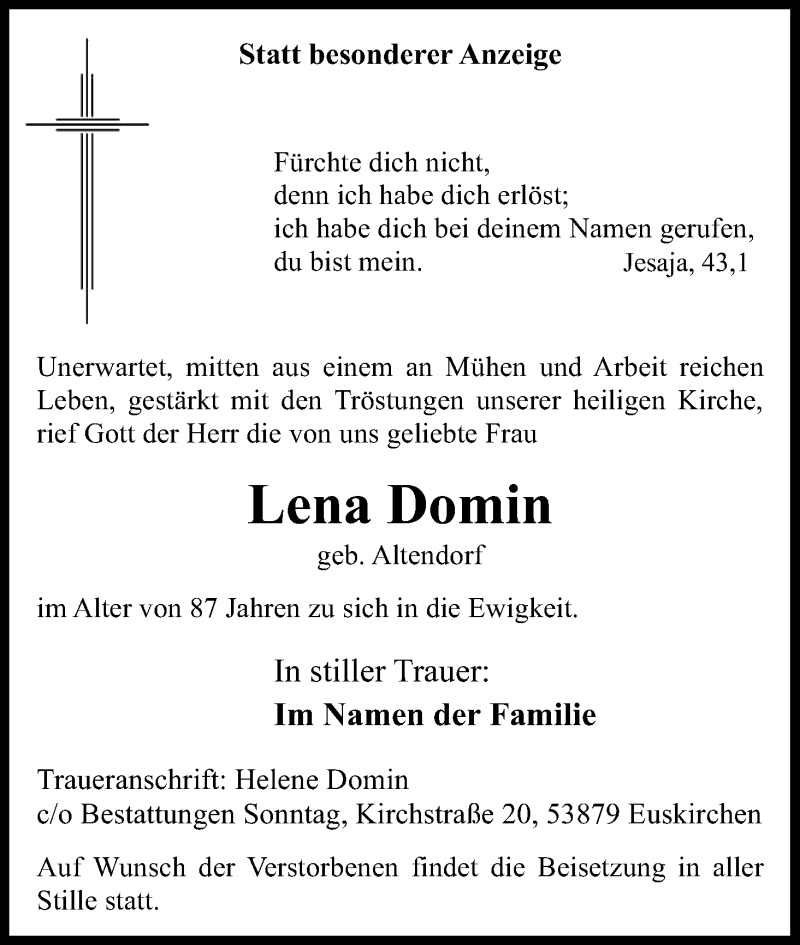  Traueranzeige für Lena Domin vom 09.11.2017 aus Kölner Stadt-Anzeiger / Kölnische Rundschau / Express