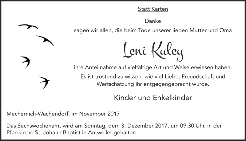  Traueranzeige für Leni Kuley vom 25.11.2017 aus  Blickpunkt Euskirchen 