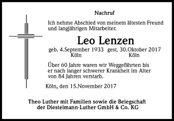 Anzeige von Leo Lenzen von Kölner Stadt-Anzeiger / Kölnische Rundschau / Express