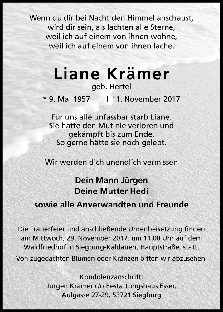  Traueranzeige für Liane Krämer vom 23.11.2017 aus Kölner Stadt-Anzeiger / Kölnische Rundschau / Express