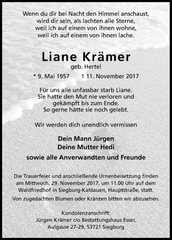 Anzeige von Liane Krämer von Kölner Stadt-Anzeiger / Kölnische Rundschau / Express