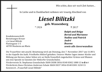 Anzeige von Liesel Bilitzki von Kölner Stadt-Anzeiger / Kölnische Rundschau / Express