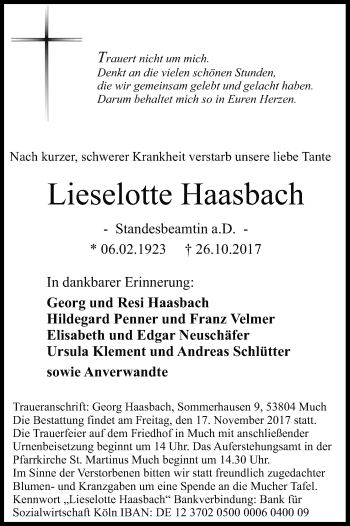 Anzeige von Lieselotte Haasbach von Kölner Stadt-Anzeiger / Kölnische Rundschau / Express
