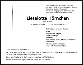 Anzeige von Lieselotte Hörnchen von Kölner Stadt-Anzeiger / Kölnische Rundschau / Express