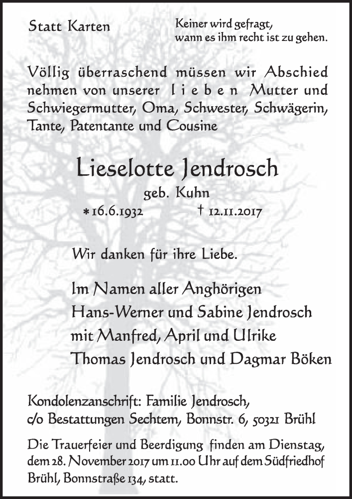  Traueranzeige für Lieselotte Jendrosch vom 22.11.2017 aus  Schlossbote/Werbekurier 