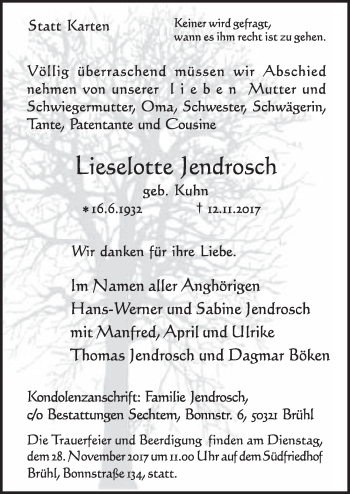 Anzeige von Lieselotte Jendrosch von  Schlossbote/Werbekurier 