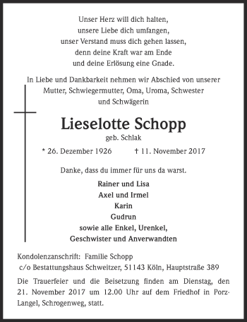 Anzeige von Lieselotte Schopp von  Kölner Wochenspiegel 