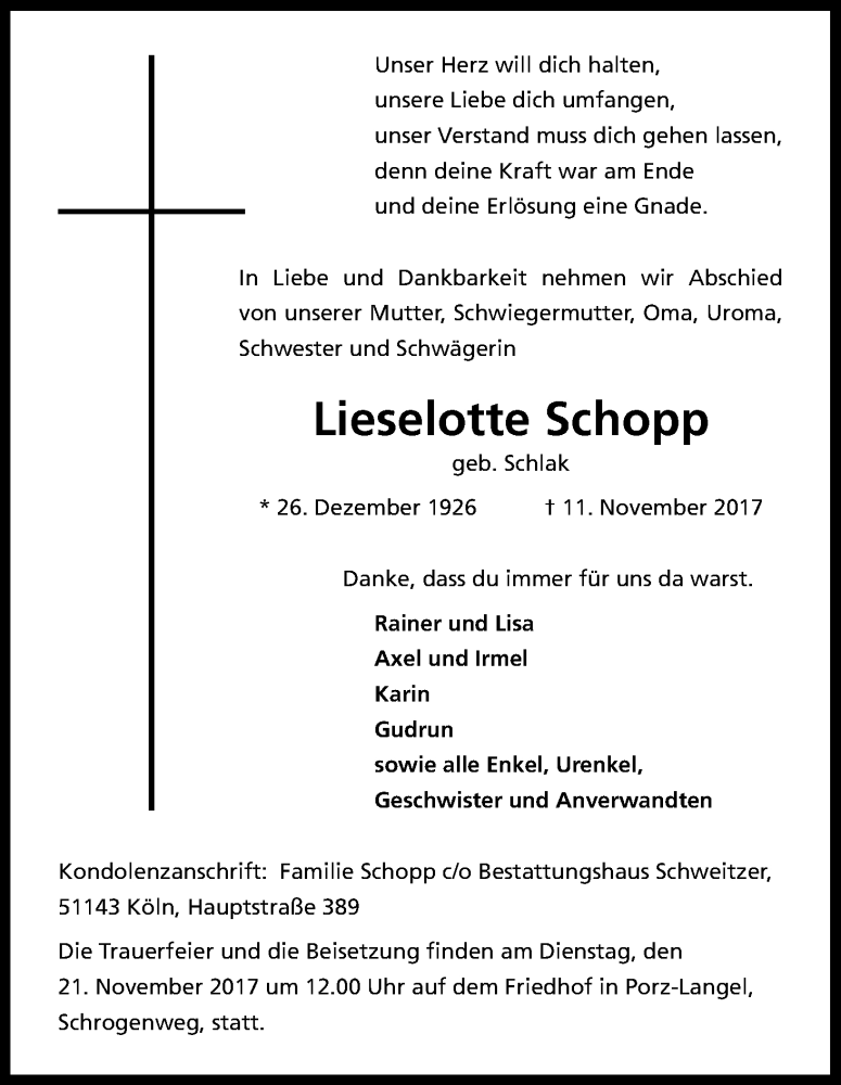 Traueranzeige für Lieselotte Schopp vom 18.11.2017 aus Kölner Stadt-Anzeiger / Kölnische Rundschau / Express