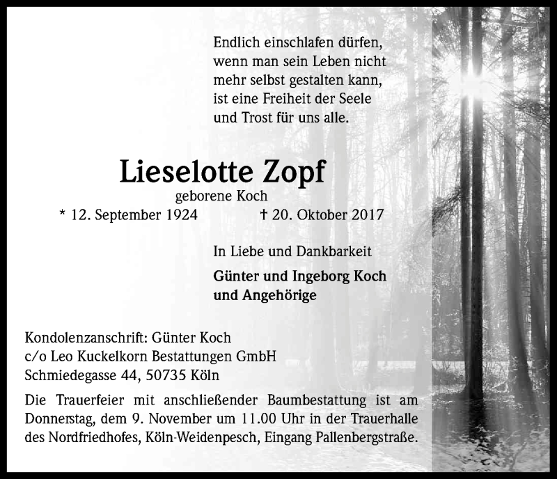  Traueranzeige für Lieselotte Zopf vom 04.11.2017 aus Kölner Stadt-Anzeiger / Kölnische Rundschau / Express