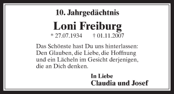 Anzeige von Loni Freiburg von  Wochenende 