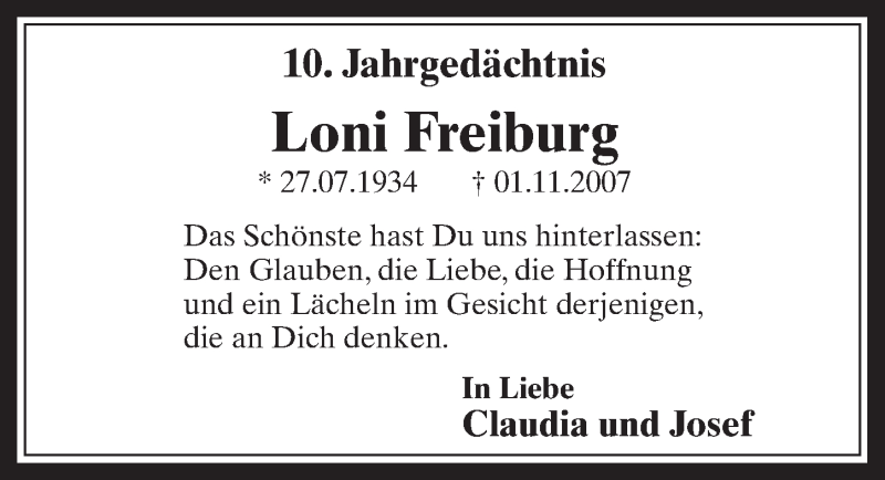  Traueranzeige für Loni Freiburg vom 02.11.2017 aus  Wochenende 