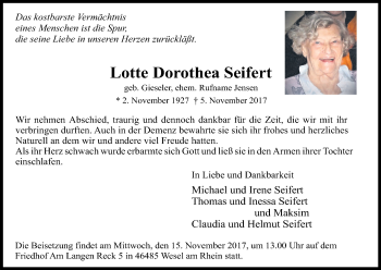 Anzeige von Lotte Dorothea Seifert von Kölner Stadt-Anzeiger / Kölnische Rundschau / Express