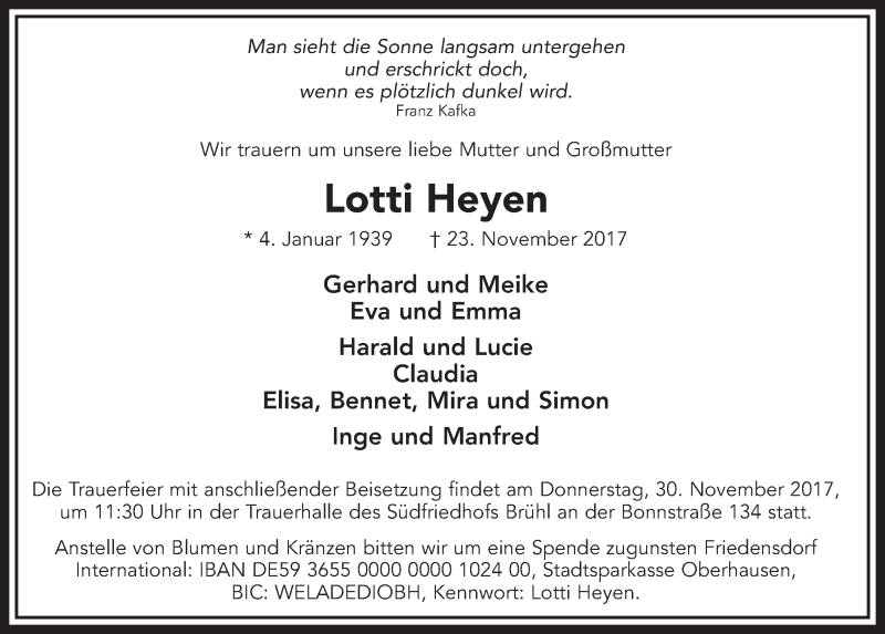 Traueranzeige für Lotti Heyen vom 29.11.2017 aus  Schlossbote/Werbekurier 