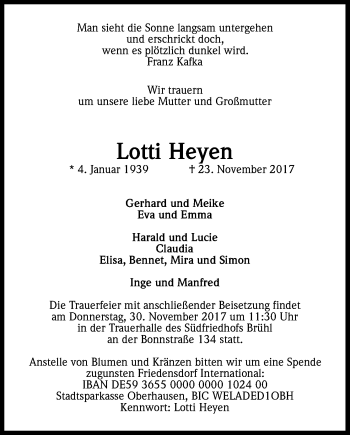 Anzeige von Lotti Heyen von Kölner Stadt-Anzeiger / Kölnische Rundschau / Express