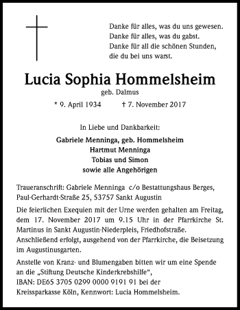 Anzeige von Lucia Sophia Hommelsheim von Kölner Stadt-Anzeiger / Kölnische Rundschau / Express