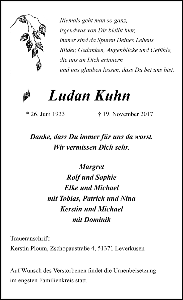  Traueranzeige für Ludan Kuhn vom 29.11.2017 aus  Lokale Informationen 