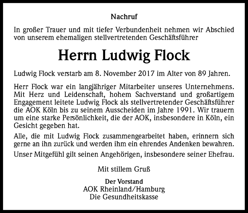  Traueranzeige für Ludwig Flock vom 14.11.2017 aus Kölner Stadt-Anzeiger / Kölnische Rundschau / Express