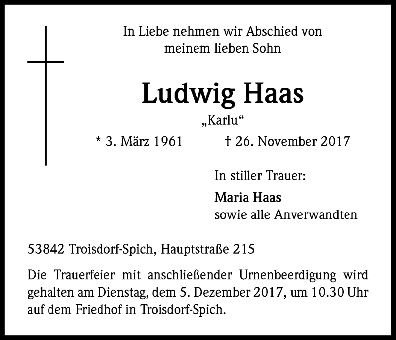 Traueranzeige für Ludwig Haas vom 29.11.2017 aus Kölner Stadt-Anzeiger / Kölnische Rundschau / Express